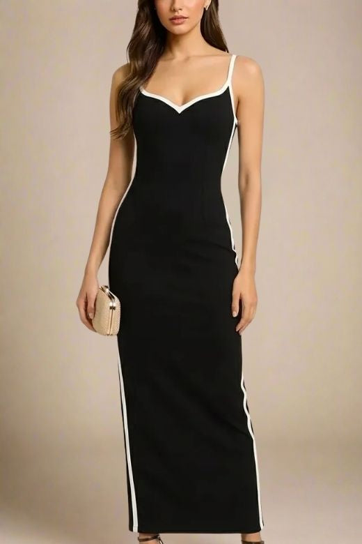 Woman wearing a figure flattering  Dianne Bandage Maxi Dress - Classic Black BODYCON COLLECTION