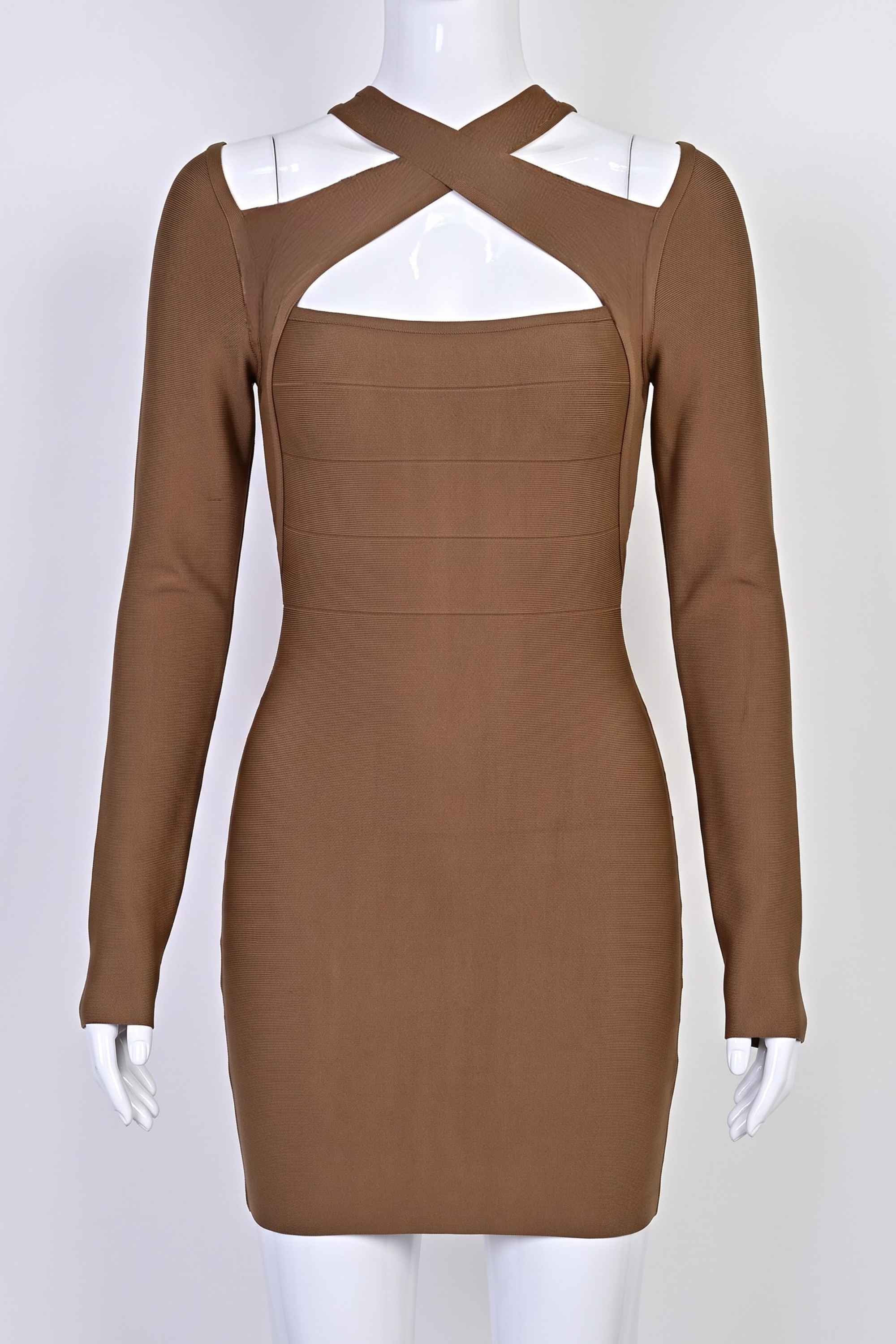 Woman wearing a figure flattering  Dovie Long Sleeve Bandage Mini Dress - Coffee Brown BODYCON COLLECTION Pty Ltd