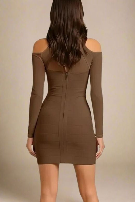 Woman wearing a figure flattering  Dovie Long Sleeve Bandage Mini Dress - Coffee Brown BODYCON COLLECTION Pty Ltd