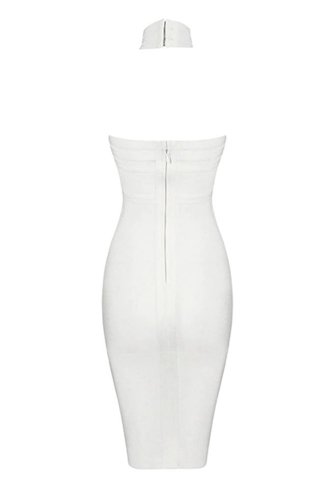 Woman wearing a figure flattering  Eden Bandage Dress - Pearl White BODYCON COLLECTION
