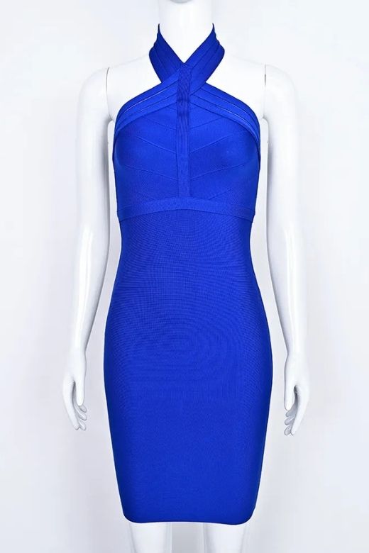 Woman wearing a figure flattering  Eden Bandage Dress - Royal Blue BODYCON COLLECTION
