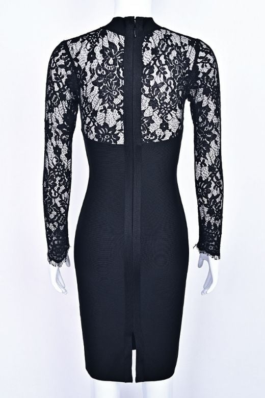 Woman wearing a figure flattering  Elia Long Sleeve Bandage Dress - Classic Black BODYCON COLLECTION Pty Ltd