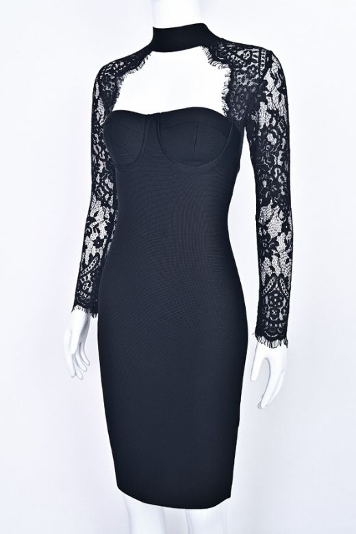 Woman wearing a figure flattering  Elia Long Sleeve Bandage Dress - Classic Black BODYCON COLLECTION Pty Ltd