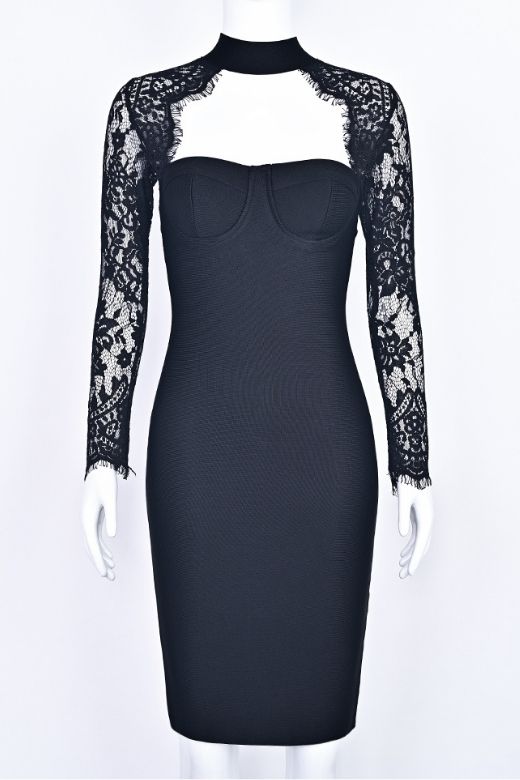 Woman wearing a figure flattering  Elia Long Sleeve Bandage Dress - Classic Black BODYCON COLLECTION Pty Ltd