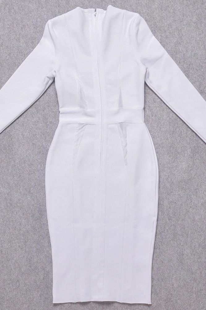 Woman wearing a figure flattering  Elle Long Sleeve Bandage Dress - Pearl White BODYCON COLLECTION