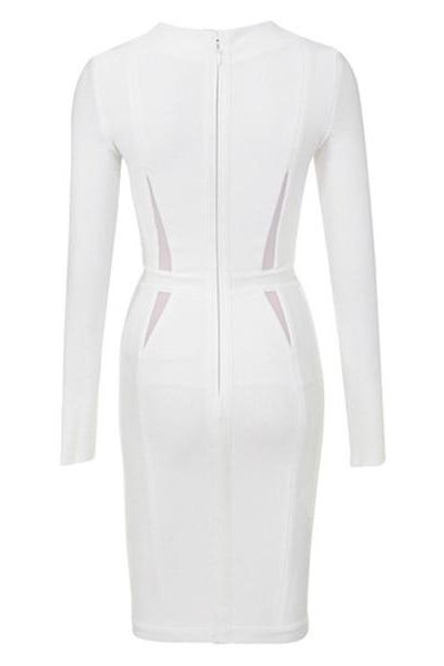 Woman wearing a figure flattering  Elle Long Sleeve Bandage Dress - Pearl White BODYCON COLLECTION