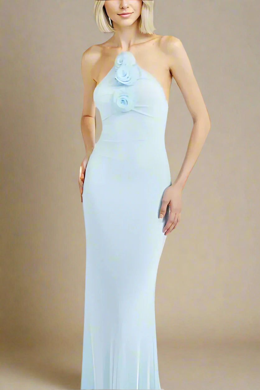 Woman wearing a figure flattering  Ellie Bodycon Maxi Dress - Baby Blue BODYCON COLLECTION