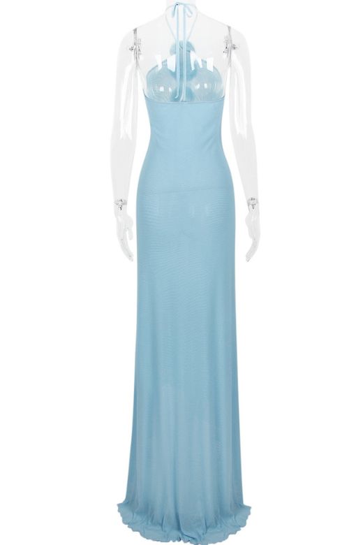 Woman wearing a figure flattering  Ellie Bodycon Maxi Dress - Baby Blue BODYCON COLLECTION