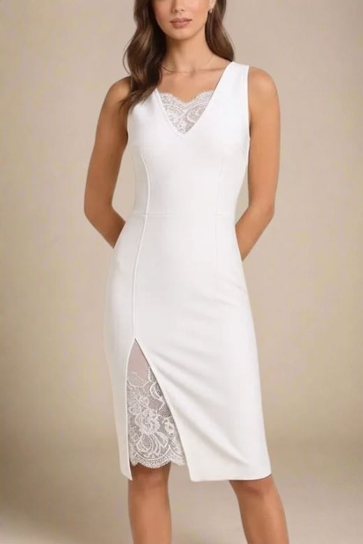 Woman wearing a figure flattering  Elsa Bodycon Dress - White Pearl BODYCON COLLECTION Pty Ltd