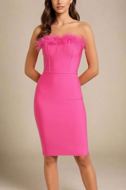 Woman wearing a figure flattering  Erin Bandage Dress - Hot Pink BODYCON COLLECTION