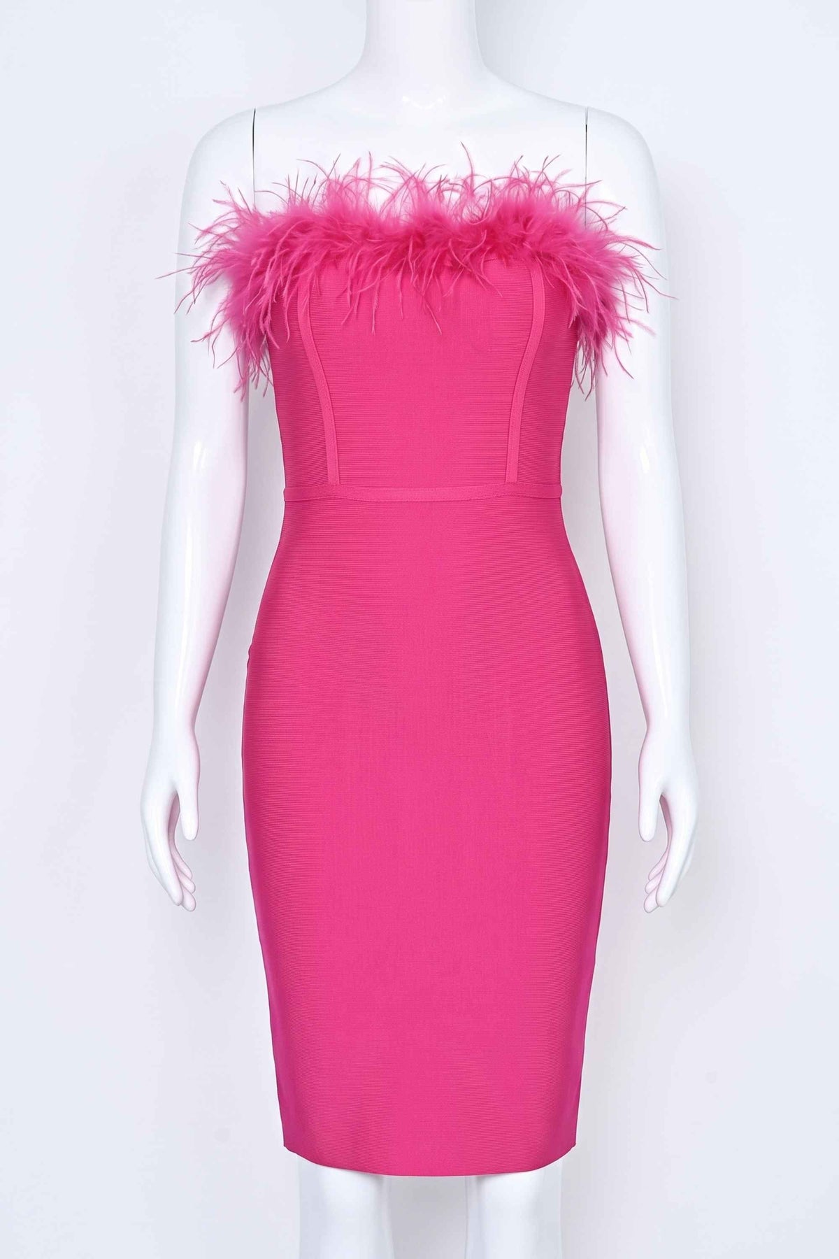 Woman wearing a figure flattering  Erin Bandage Dress - Hot Pink BODYCON COLLECTION