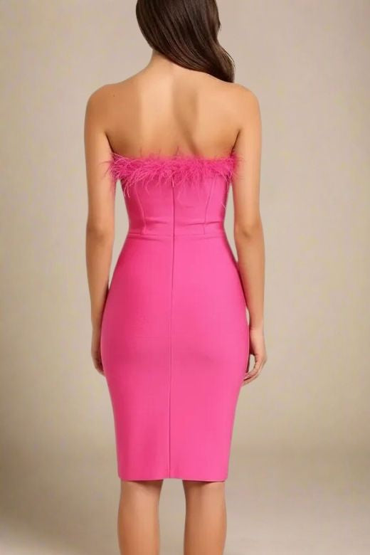 Woman wearing a figure flattering  Erin Bandage Dress - Hot Pink BODYCON COLLECTION