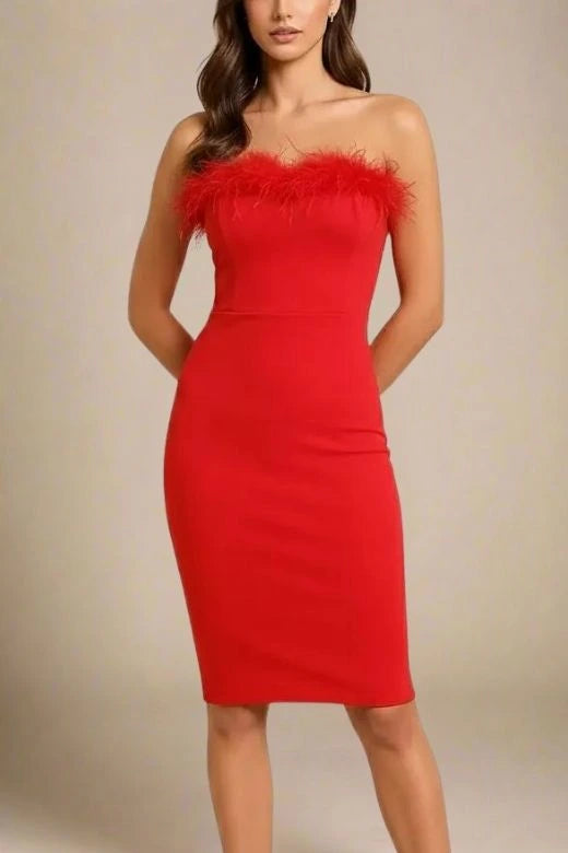 Woman wearing a figure flattering  Erin Bandage Dress - Lipstick Red BODYCON COLLECTION