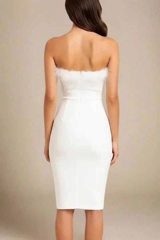 Woman wearing a figure flattering  Erin Bandage Dress - Pearl White BODYCON COLLECTION