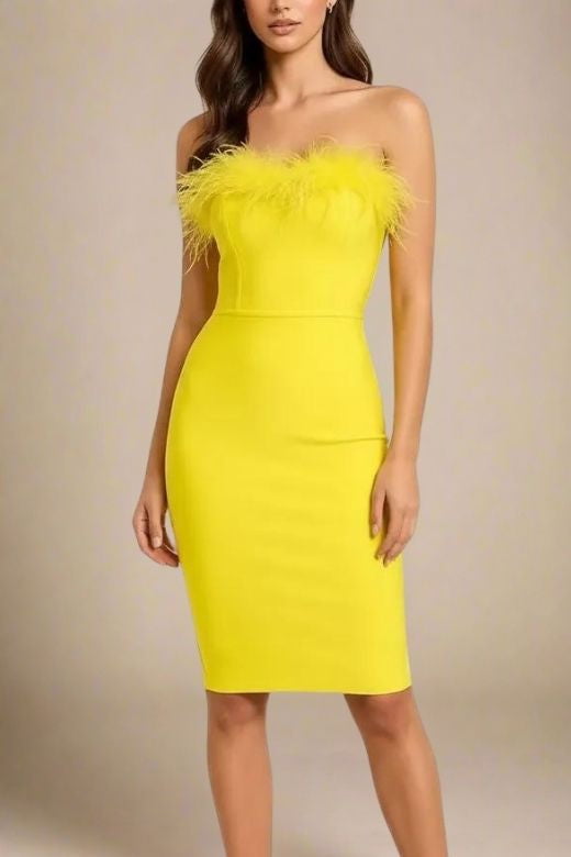 Woman wearing a figure flattering  Erin Bandage Dress - Sun Yellow BODYCON COLLECTION