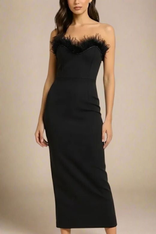 Woman wearing a figure flattering  Erin Bandage Maxi Dress - Classic Black BODYCON COLLECTION