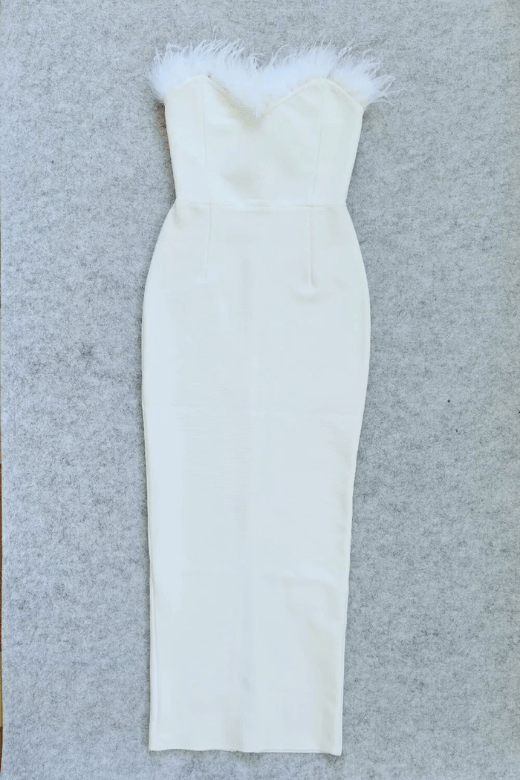 Woman wearing a figure flattering  Erin Bodycon Maxi Dress - Pearl White BODYCON COLLECTION