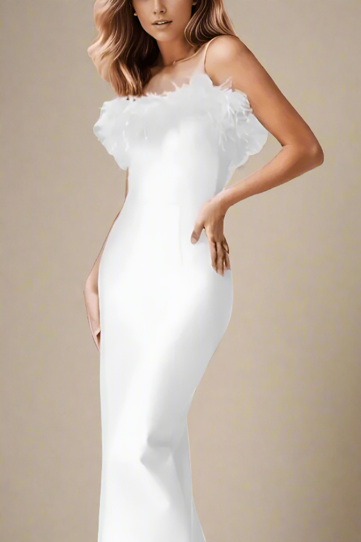 Woman wearing a figure flattering  Erin Bodycon Maxi Dress - Pearl White BODYCON COLLECTION