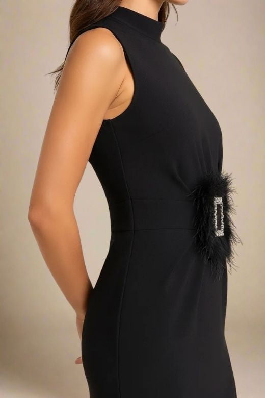 Woman wearing a figure flattering  Erin High Neck Bandage Dress -  Classic Black BODYCON COLLECTION