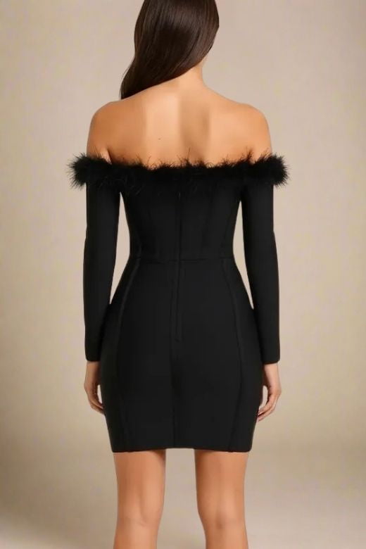 Woman wearing a figure flattering  Erin Long Sleeve Bandage Mini Dress - Classic Black BODYCON COLLECTION