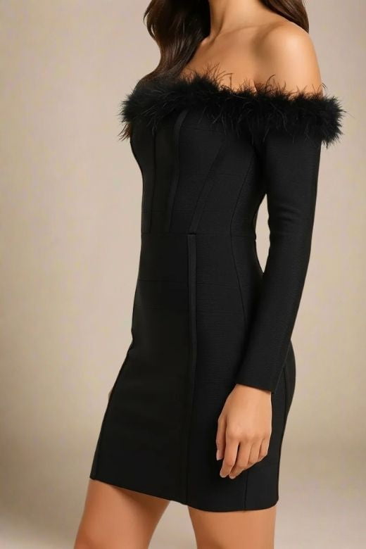 Woman wearing a figure flattering  Erin Long Sleeve Bandage Mini Dress - Classic Black BODYCON COLLECTION