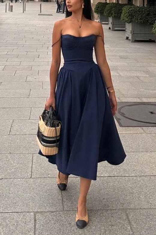 Woman wearing a figure flattering  Everly Bodycon Day Midi Dress - Navy Blue BODYCON COLLECTION