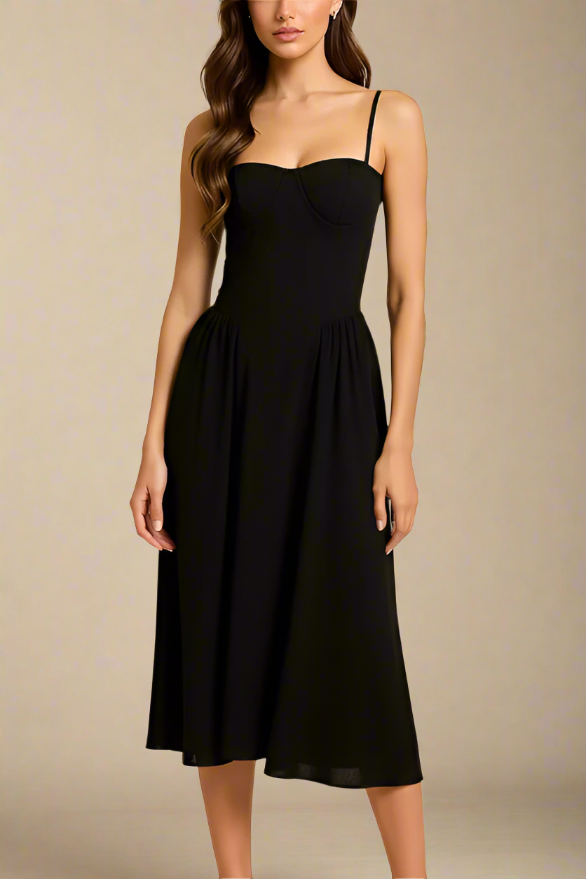 Woman wearing a figure flattering  Everly Midi Dress - Classic Black BODYCON COLLECTION