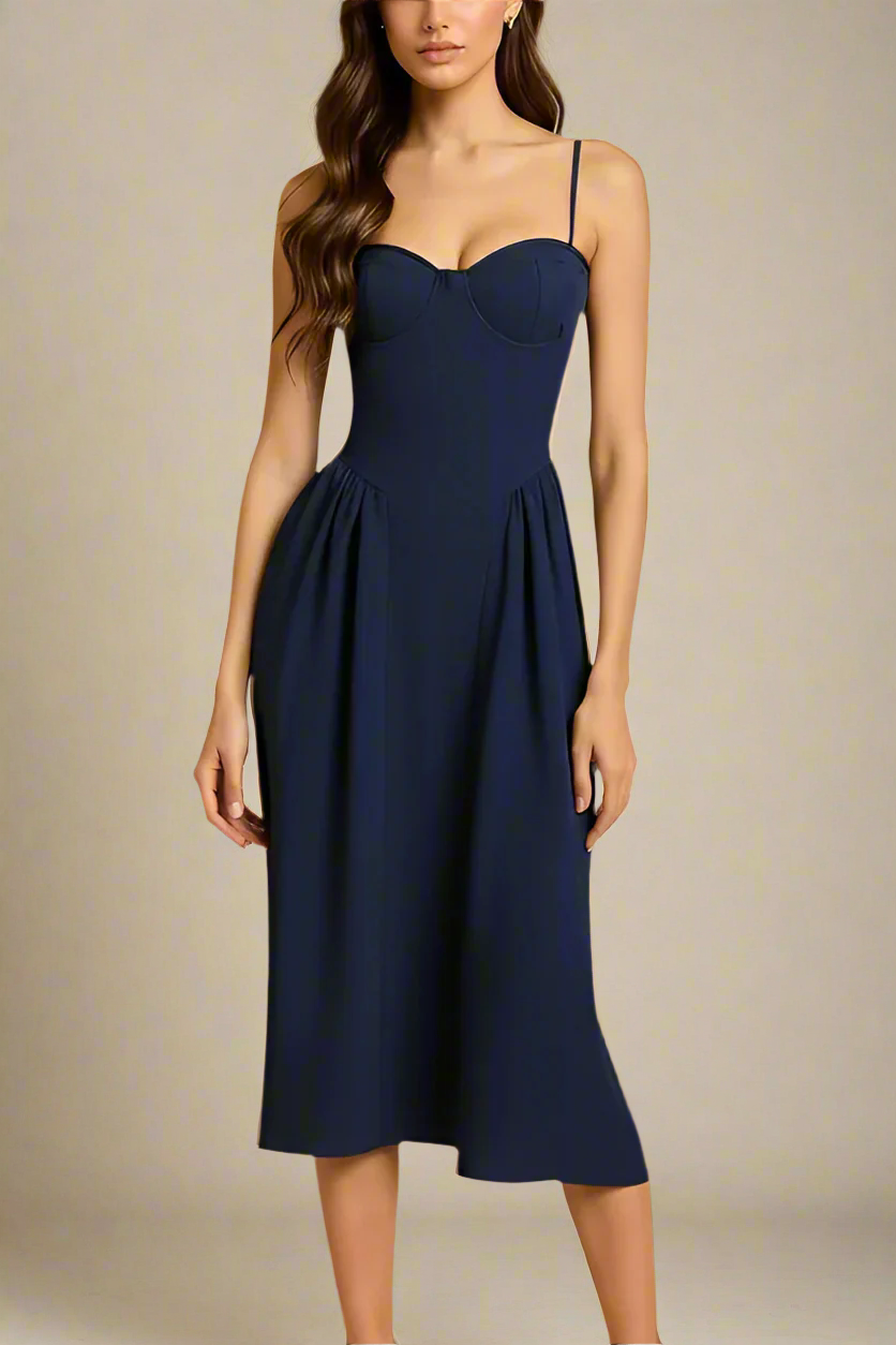 Woman wearing a figure flattering  Everly Midi Dress - Navy Blue BODYCON COLLECTION