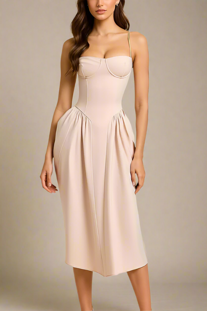 Woman wearing a figure flattering  Everly Midi Dress - Peach BODYCON COLLECTION