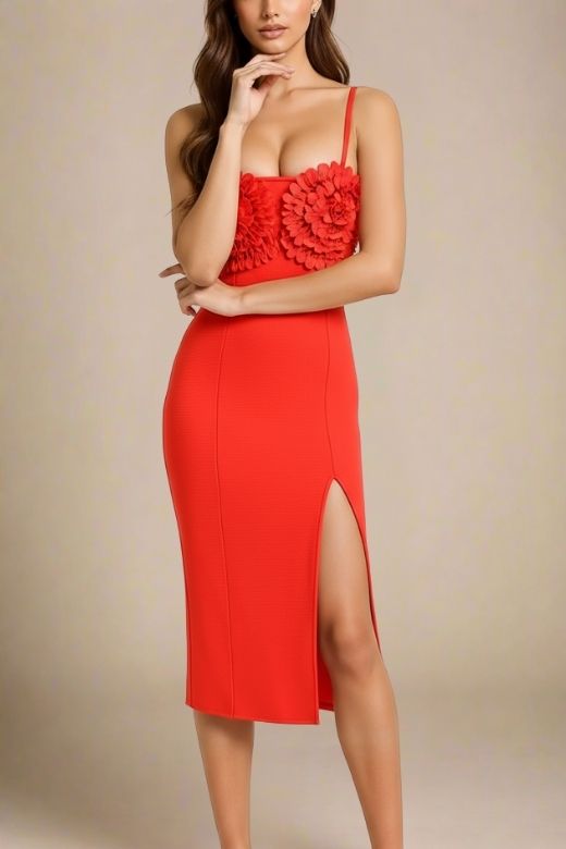 Woman wearing a figure flattering  Faye Bandage Midi Dress - Lipstick Red BODYCON COLLECTION