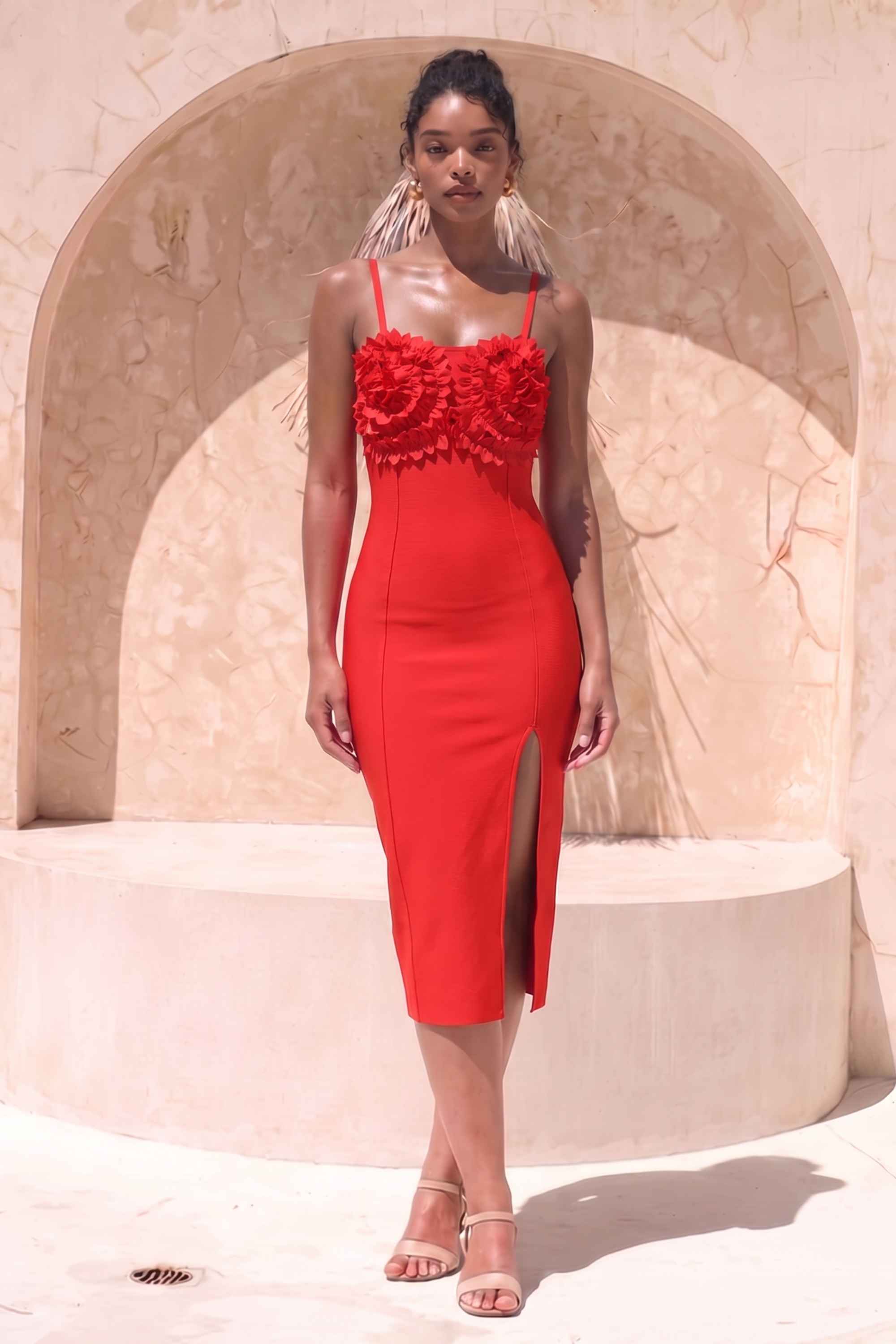 Woman wearing a figure flattering  Faye Bandage Midi Dress - Lipstick Red BODYCON COLLECTION