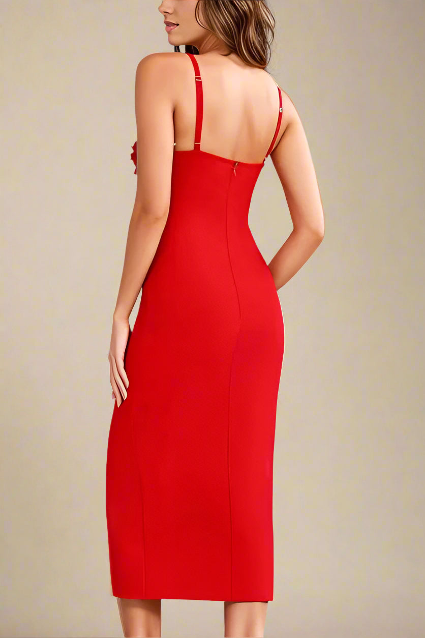 Woman wearing a figure flattering  Faye Bandage Midi Dress - Lipstick Red BODYCON COLLECTION