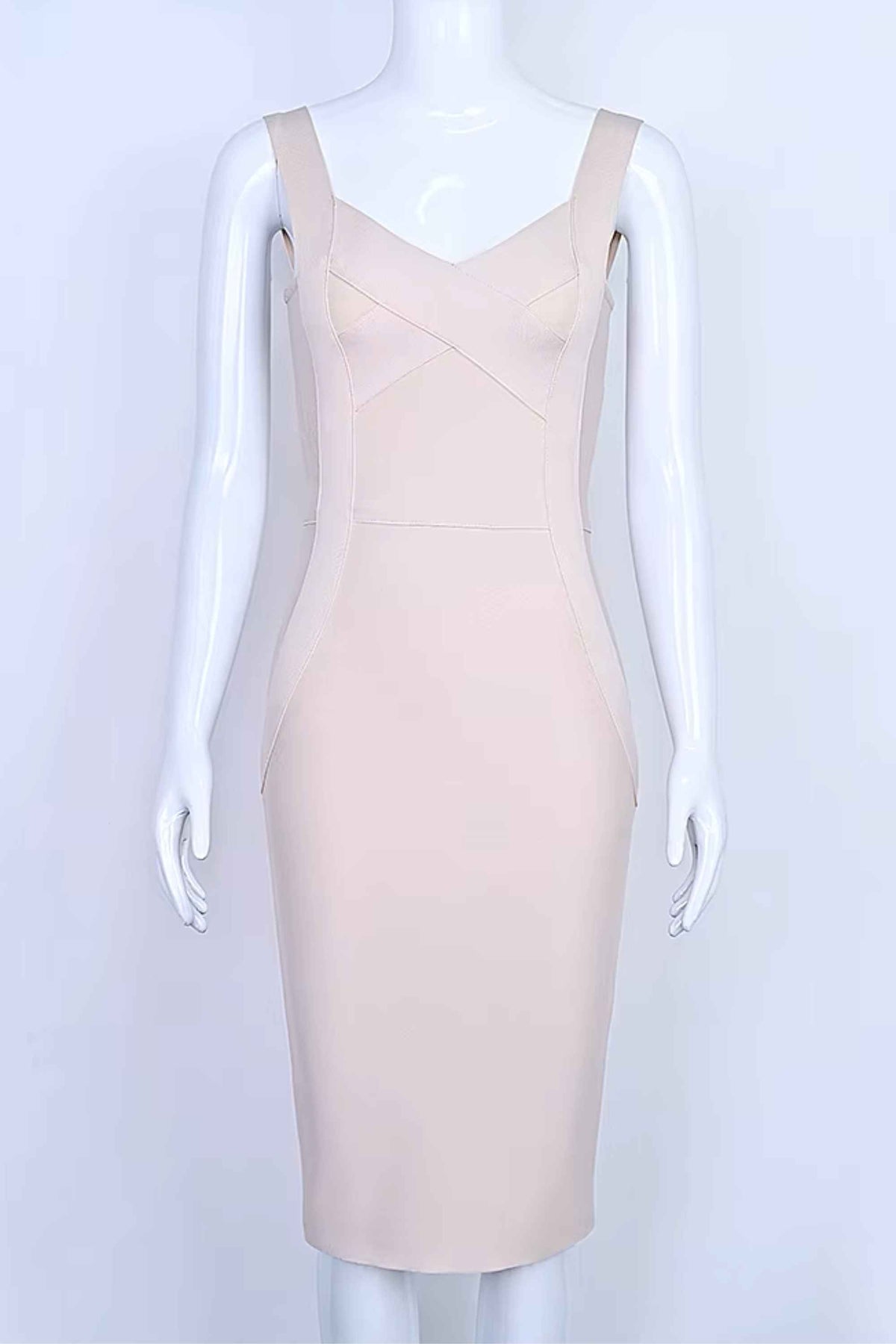 Woman wearing a figure flattering  Freya Bandage Dress - Beige BODYCON COLLECTION