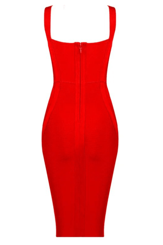 Woman wearing a figure flattering  Freya Bandage Midi Dress - Lipstick Red BODYCON COLLECTION