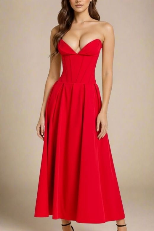 Woman wearing a figure flattering  Gabbi Bodycon Midi Dress - Lipstick Red BODYCON COLLECTION