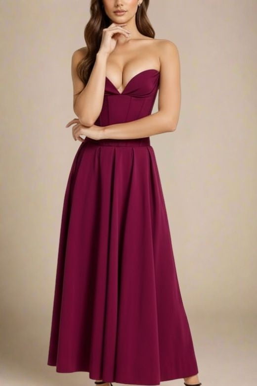 Woman wearing a figure flattering  Gabbi Bodycon Midi Dress - Red Wine BODYCON COLLECTION