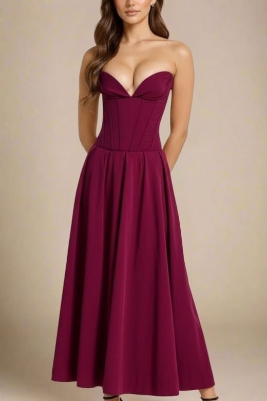 Woman wearing a figure flattering  Gabbi Bodycon Midi Dress - Red Wine BODYCON COLLECTION