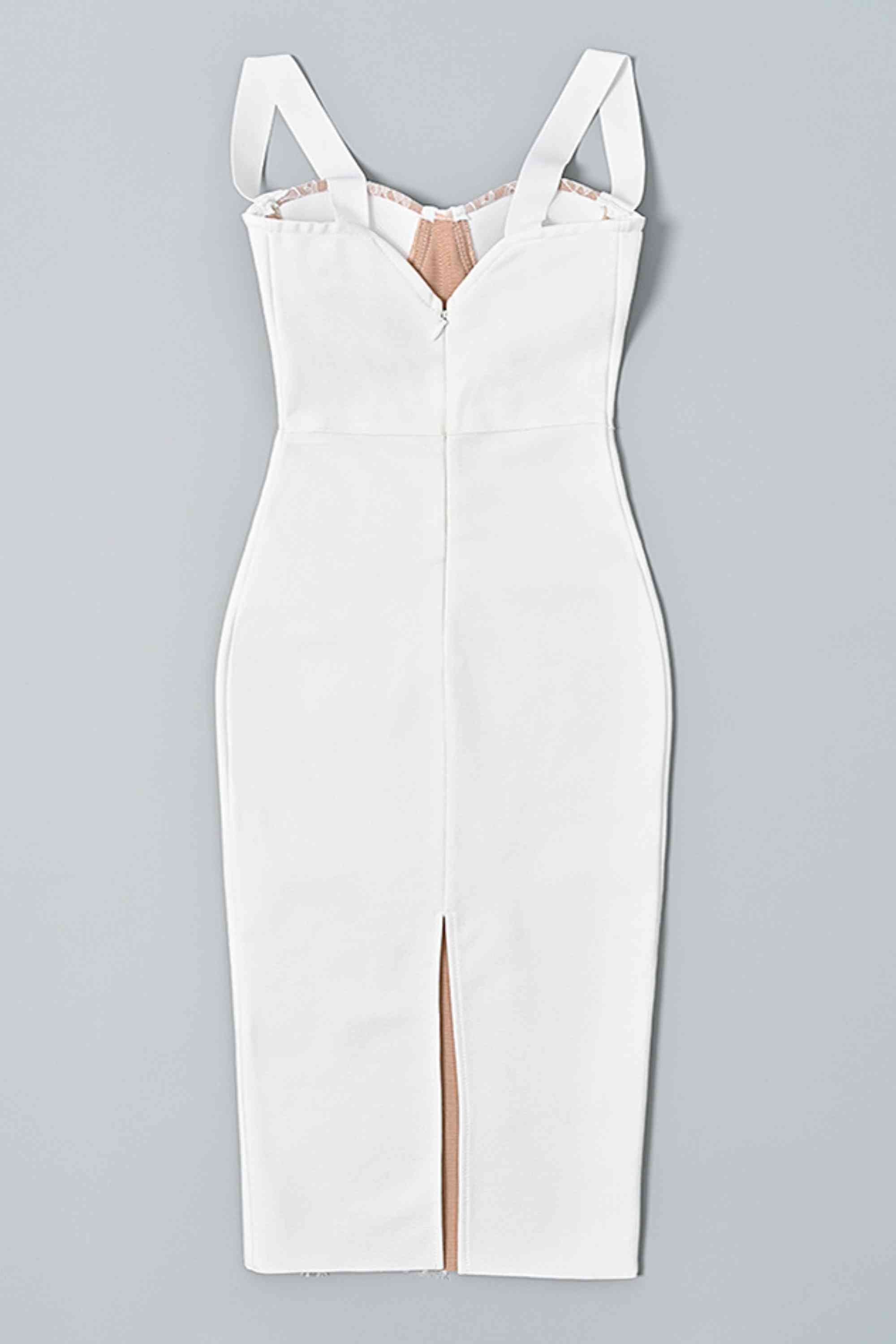 Woman wearing a figure flattering  Genevieve Bodycon Lace Midi Dress - Pearl White BODYCON COLLECTION