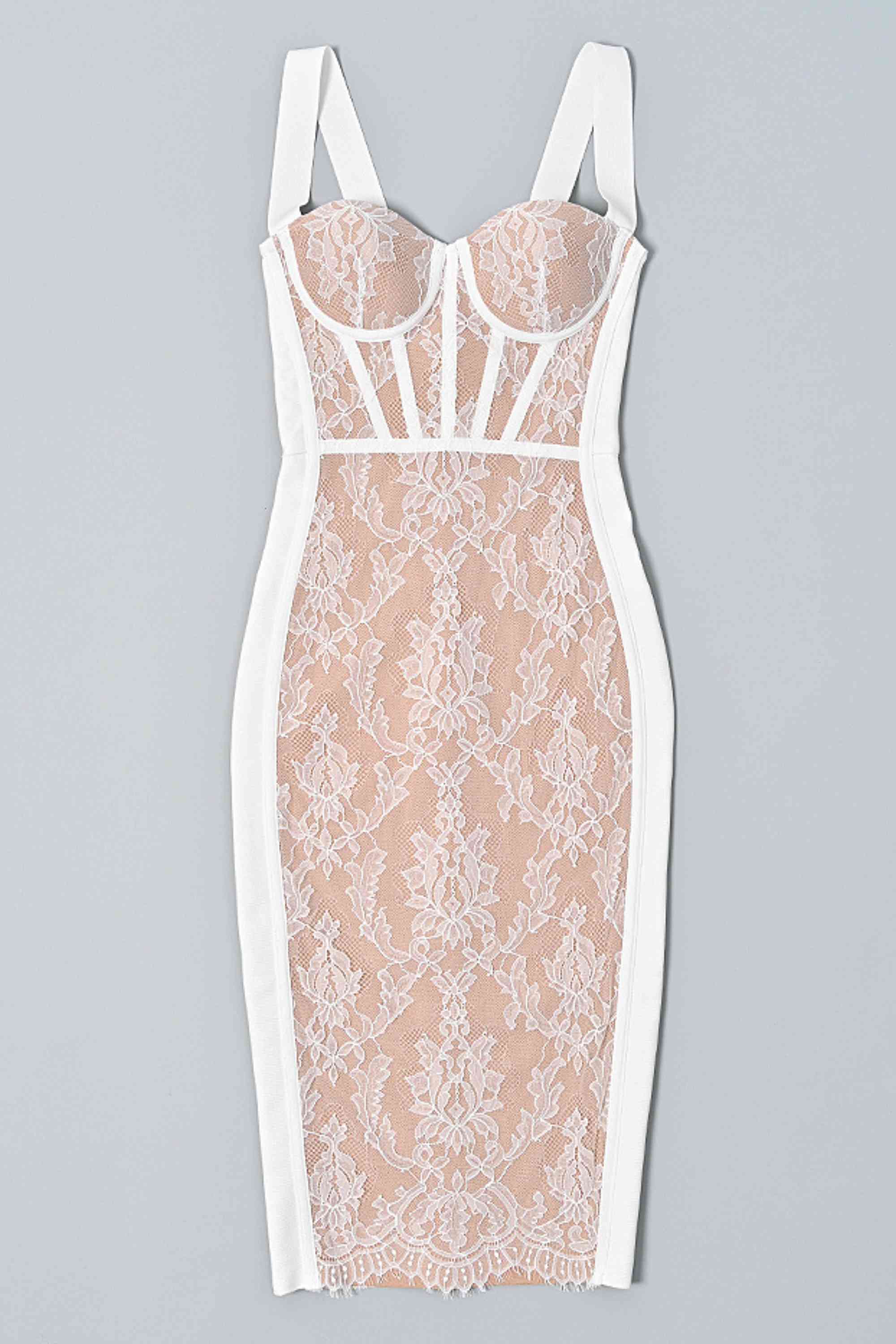 Woman wearing a figure flattering  Genevieve Bodycon Lace Midi Dress - Pearl White BODYCON COLLECTION