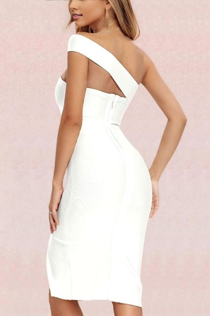 Woman wearing a figure flattering  Gianna Bandage Dress - Pearl White BODYCON COLLECTION