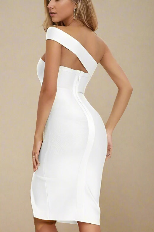 Woman wearing a figure flattering  Gianna Bandage Dress - Pearl White BODYCON COLLECTION