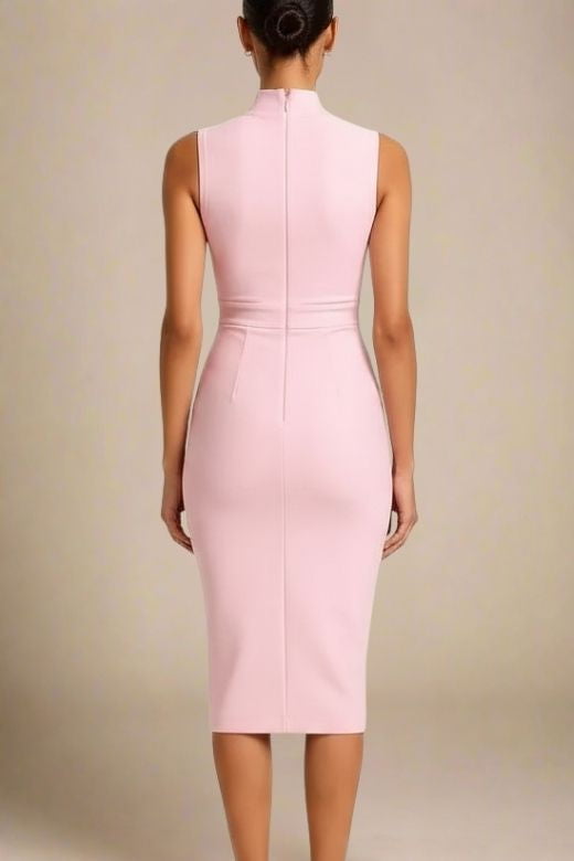 Woman wearing a figure flattering  Grace Bandage Midi Dress - Dusty Pink Bodycon Collection