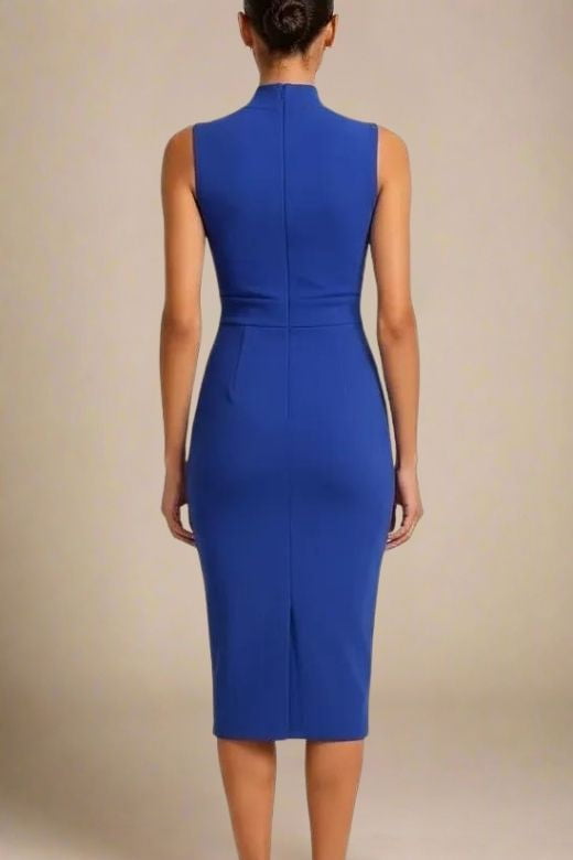 Woman wearing a figure flattering  Grace Bandage Midi Dress - Navy Blue Bodycon Collection