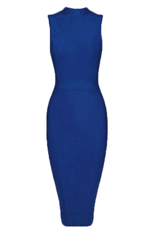 Woman wearing a figure flattering  Grace Bandage Midi Dress - Navy Blue Bodycon Collection