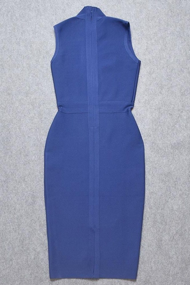 Woman wearing a figure flattering  Grace Bandage Midi Dress - Navy Blue Bodycon Collection