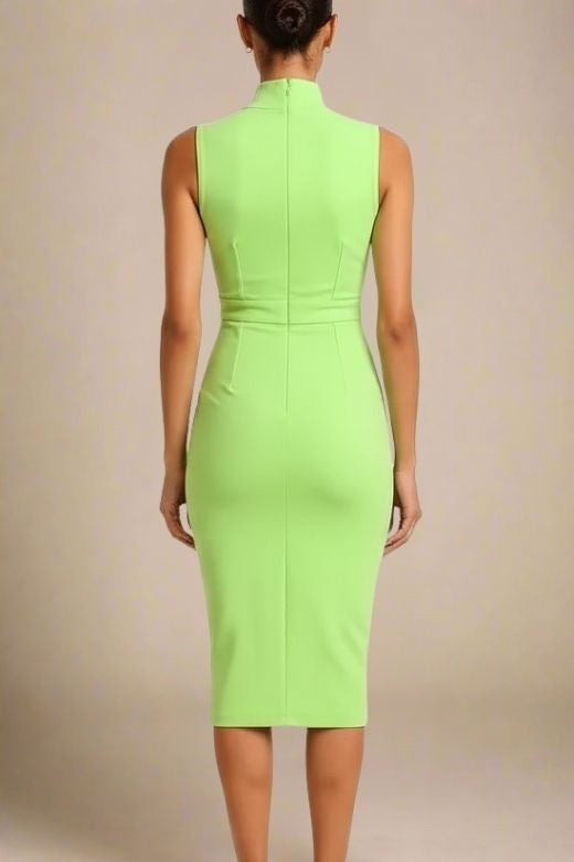 Woman wearing a figure flattering  Grace Bandage Midi Dress - Neon Green Bodycon Collection