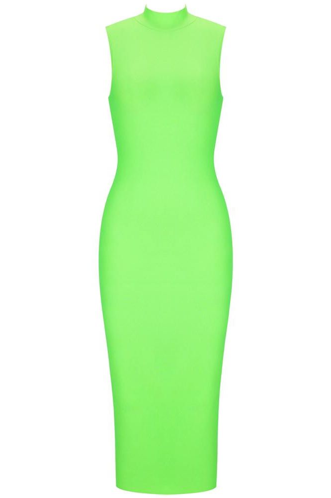 Woman wearing a figure flattering  Grace Bandage Midi Dress - Neon Green Bodycon Collection