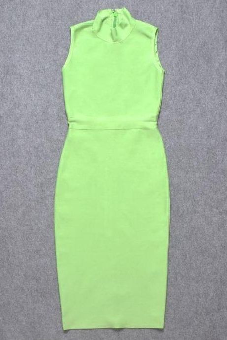 Woman wearing a figure flattering  Grace Bandage Midi Dress - Neon Green Bodycon Collection