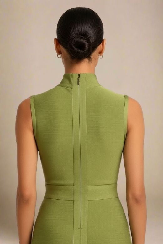 Woman wearing a figure flattering  Grace Bandage Midi Dress - Olive Green Bodycon Collection
