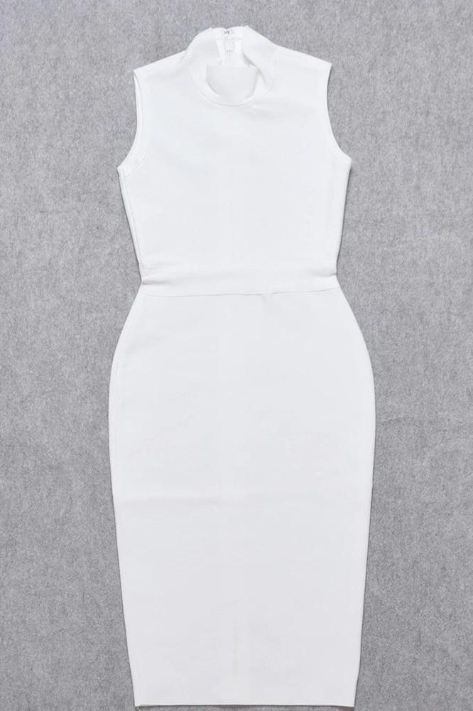 Woman wearing a figure flattering  Grace Bandage Midi Dress - Pearl White Bodycon Collection